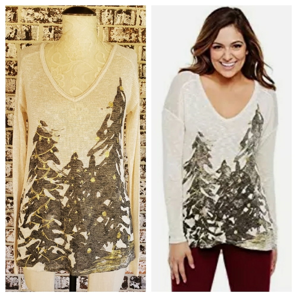Bethany Mota Holiday Tree Knit Top Cream